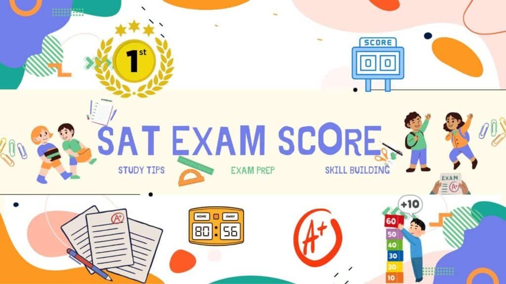 SAT exam score guide with study tips, exam preparation, and skill building illustration