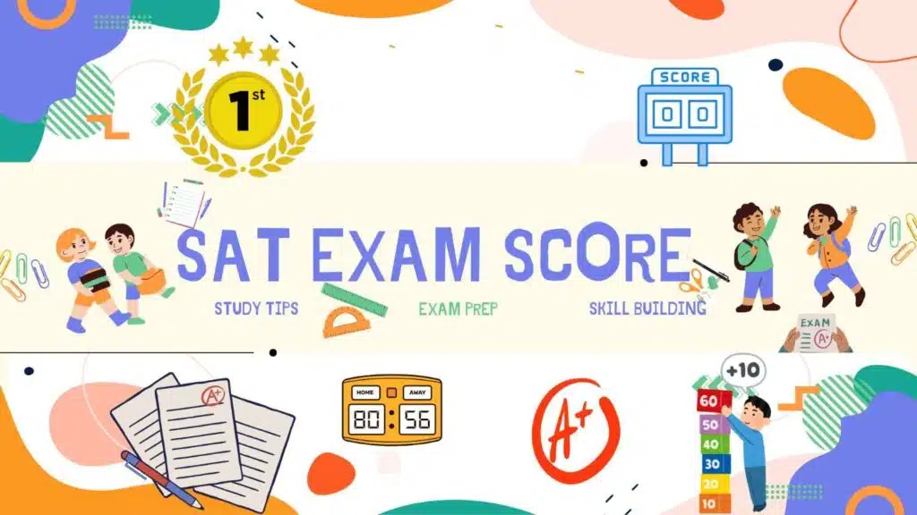 SAT exam score guide with study tips, exam preparation, and skill building illustration